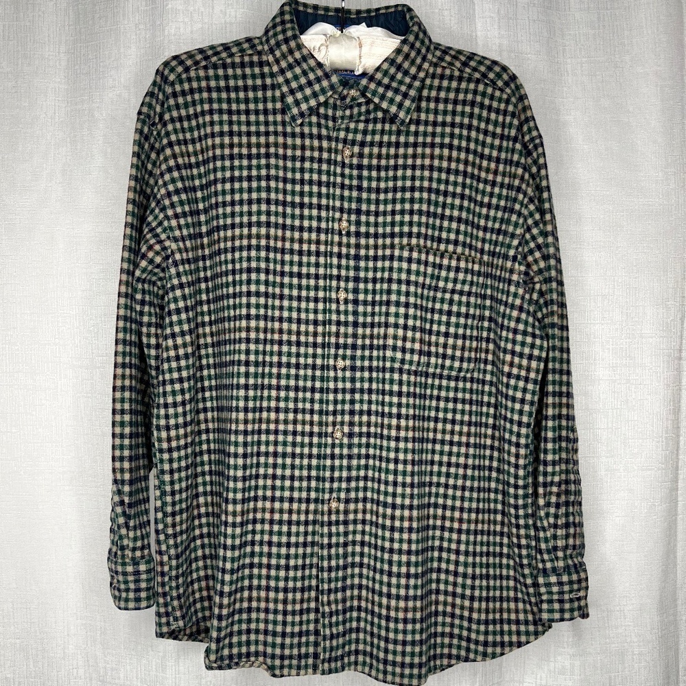 PENDLETON WOOL Tan Blue Green Plaid Long Sleeve Button Down Flannel Shirt